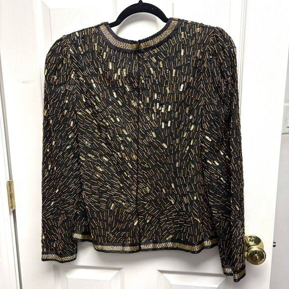 Vintage 90s Niteline Sequin Blouse, Black and gold, beads, zip up back, Size M - Picture 5 of 13